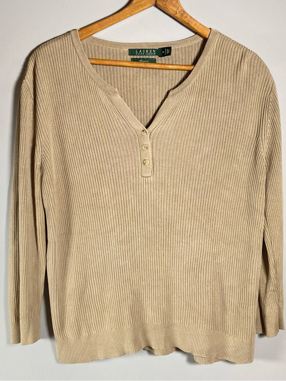 Lauren Ralph Lauren Silk Tan Ribbed 3/4 Sleeve Henley Crop Top